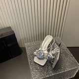 Breakj Summer New High-Heeled Shoes Retro Square Head Hollow Sandals Pearl Flowers Half Slippers