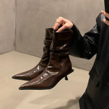 Temperament High Heel Thin Short Boots Women's Shoes 2024 New Brown Autumn And Winter Plus Velvet Pointed Boots Small Bare