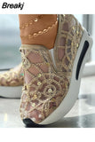 Dropship Platform Wedges Woman Shoes 2023 New Sporty Sneakers Floral Embroidered Slip On Wedge Sneakers Comfy