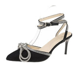 Breakj Summer New Korean Version Sweet Bow Water Diamond One Word Buckle High Heel Sandals Baotou Thin Heel Women's