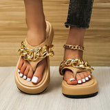 Sumer Women Colorful Graffiti Printed Platform Flip Flops Golden Chain Casual Sandals Ladies Beach Shoes Outdoor