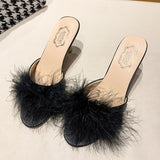 Woman Feather High Heels Pointed Toe Slippers Fashion Sandals Women Open Toe Pumps Slides White Pink Black Size