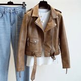 Spring Autumn Women Faux Leather Jacket Slim Streetwear Khaki Leather Coat Biker Moto Jacket with Belt Female