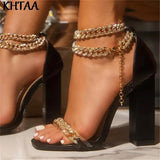 Sandals Crystal Chain High Heels Female Shoes Woman Square Heel Open Toe Buckle Strap Ladies Footwear 2022 New Fashion