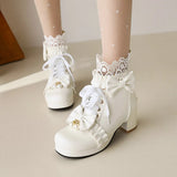 Womens Chunky Platform Ankle Boots Lolita Med Heel Lace Up Boots Sweet Bow Pearl Back Back Zipper Party Cosplay Shoes Pink