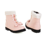 2021 Autumn Winter Lolita Ankle Boots for Women Chunky Heels Pink Black White Cute Bowtie Faux Fur Ladies Warm Shoes Side