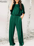 Fashion Rompers ZANZEA Summer Half Sleeve Loose Rompers Women Solid Satin Jumpsuits Casual O Neck Playsuits Long Solid
