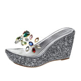 2020 Women Transparent Clear Crystal Sequins Platform Wedge Thick Sole Sandals High Heels Mules Slides Summer Beach