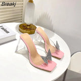 Triangle Heels Bling Zapatillas Mujer Butterfly-knot PVC Women Shoe Party Fashion Squared Toe Solid
