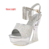 14CM Thick Heel Shoe LED Luminous Transparent Platform Diamond Tassels Sandals For Women Light Up Glowing Pole Dance