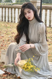 Elegant Solid Midi Dress Turtleneck Design 2023 Spring One Piece Dress Korean Fashion Long Sleeve Fairy Even Party