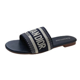 Breakj Slippers Wearing Women 2025 Summer New Letter Embroidered Flat Bottom One-Word Drag Fashion Leisure Beach