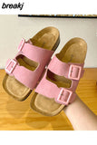 Size 35-40 Women Slippers Soft Leather Casual Low Heels Summer Shoes Woman 2023 Flats Sandals Buckle Platform