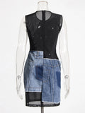Trend-Collyed Denim Dress 2025 Summer New Mesh Spliced Sleeveless Round Collar Short Fashion Dress