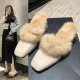 / Winter 2023 Korean Version Of Thick-Heeled Baotou Slippers, Feminine, High-Heeled, Square-Headed Rabbit Hair, Semi-Draped Leather, Fashionable Muller
