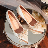 Women's Pearls High Heels Pumps 2024 Elegant Silk Thin Heeled Wedding Shoes Woman Slip On Pointed Toe Party Dress