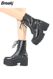 Punk Womens Platform Boots Black Buckle Strap Zipper Creeper Wedges Shoes Mid Calf Military Combat Boots Winter De