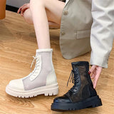 Mesh Boots Women Fashion Lace Up Ankle Boots Woman Shoes Black Sandals Hollow Breathable Zipper Socks Boots Square