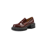 Genuine Leather Women Loafers Shoes Platform Thick Heels Pumps Round Toe High Heel Ladies Footwear 2022 Spring Wine