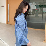 Casual Blue Striped Shirts For Women Lapel Long Sleeve Korean Bowknot Patchwork Blouses Female 2021 Spring