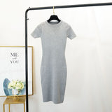 New Women Stretch Knitted Midi Dress Summer Spring Lady Casual O-neck Slim Knitting Bodycon Dresses Vintage