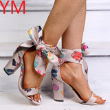 2020 Women Summer Sandals Bowknot High Square Heel Open Toe Leather Heels Pumps Shoes 10 CM Female Fashion Gladiator Ankle