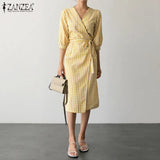 Vintage Check Dress Women's Summer Sundress ZANZEA 2022 Casual V Neck Robe Female Short Sleeve Mid-Calf