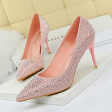 Breakj Korean Version Of Fashion Banquet Women's Shoes Thin Heel Shallow Mouth Pointed Head Sexy Show Thin Water Diamond Color Diamond High Heel Single