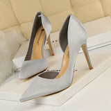 Breakj Fine High Heel Satin Shallow Mouth Pointed Head Side Hollow Out Sexy Nightclub Show Thin Single Shoes Women's High