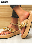 Sumer Women Colorful Graffiti Printed Platform Flip Flops Golden Chain Casual Sandals Ladies Beach Shoes Outdoor