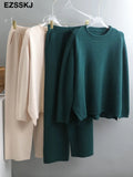 2 Pieces Set Women Knitted Tracksuit O-neck Sweater + Granny pants Sweater Set female Knitted sweater suit Homewear