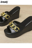 Women Slippers Flip Flop for Ladies Round Head Open Toe Casual Outdoor Female Wedge Chain High Heel 2023 New Large Size