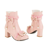 Womens Chunky Med Heel Ankle Booties Sweet Lolita Bow Lace Up Boots with Side Zipper Cosplay Shoes Pink Black White Size