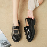Crystal metal buckle oxfords british small leather shoes women 2023 slip on flats thick heels matte&shiny leather