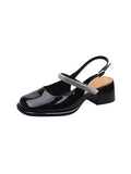 Sandals Med Buckle Strap Black Shoes for Women Square Toe High Heels New Medium Fashion Beige Rhinestone Summer Closed
