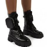 2020 Autumn Winter Bootie Pocket Buckle Strap Pink Chunky Boots Leather Patchwork Arrival Platform Boots Mid-calf