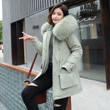 Large Fur Collar Hooded Jacket Winter Coat Women Thickness Cotton Padded Overcoat -30 Degree Snow Outwear Fur Lining