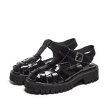 Platform Wedges Sandals Real Leather Mid Heel Shoes T-Strap Round Toe Female Footwear Buckle Sandals Summer Black