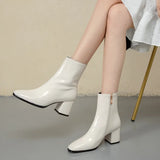 Dropshipping Autumn Women Fashion Square High Heels Zapatos De Mujer White Patent Leather Shoes Ankle Boots Black Woman