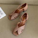 Sandals Shoes Women Genuine Leather Ankle Strap Shoes Med Thick Heel Sandals Square Toe Cow Leather Lady Sandals