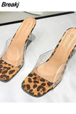 Leopard Print Sandals Open Toe High Heels Women Transparent Perspex Slippers Shoes Heel Clear Sandals Gladiator