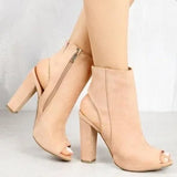 Boots Faux Suede Leather Casual Open Peep Toe High Heels Zipper Fashion Square Rubber Black Shoes For Women Plus Size