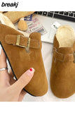 Fashion Women Winter Cork Slippers Closed Toe Artificial Fur Inside Low Heel Casual Soft Warm Fluffy Slide