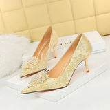 Breakj Sexy Banquet High Heels Fine Heel High Heels Shallow Pointed Pearl Flowers Rhinestone Women's Shoes Single