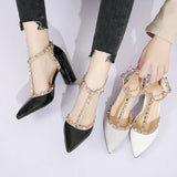 Summer Footwear High Heels T Strap Rivet Pumps Chunky Heels Sandal Patent Leather Dress White Wedding Shoes Ladies