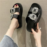 Brand Rhinestone Shoes Ladies High Heels Platform Sandals Double Buckle Band Slippers Woman Muffins Crystal FlipFlops