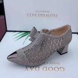 Mesh Shoes Women's 2023 Summer Fashion Rhinestone Square Heel Pointed Toe Size 43 Zipper Bow Sandals Women