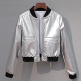 2020 New Autumn Women Short Silver Pu Faux Leather Jacket O-neck Zipper Long Sleeve Motorcycle Biker Slim Coat