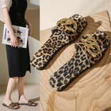 Women's Flip-Flops Square Toe Female Slippers Summer Shoes for Women Leopard print Chain Sandals Causal Slides Lady