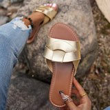 Breakj Summer New Wearing Cold Slippers Women's Fashion Leather One-Word Drag Summer Flat Beach Comfortable